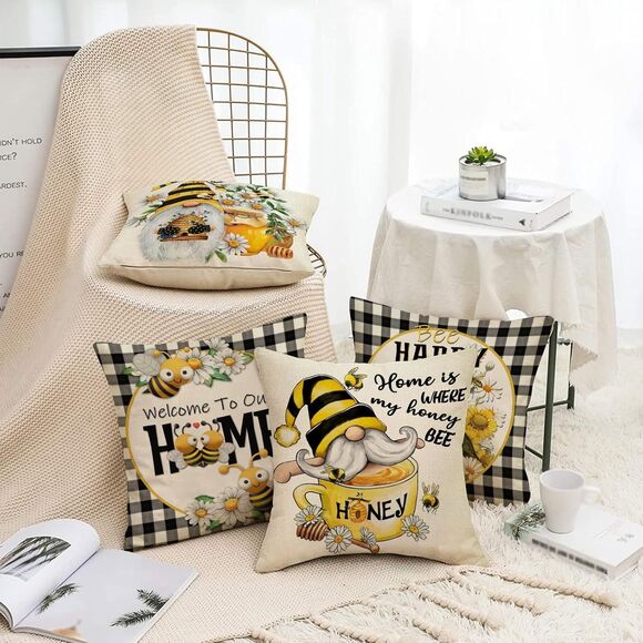Yellow Bumble Bee Happy Gnome Decorative Throw Pillow Cover 20x20 Set of 4, Fall - Picture 4 of 7